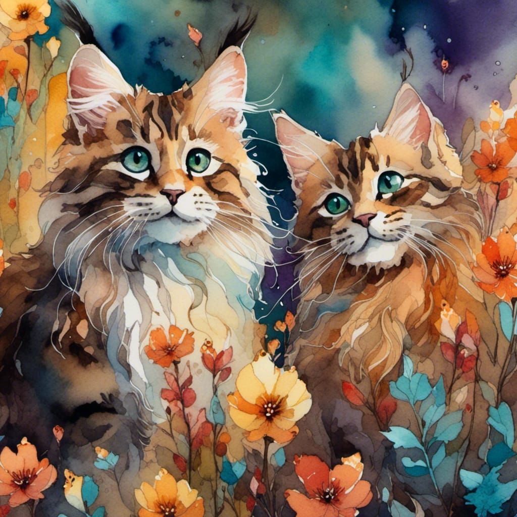 Watercolor Mainecoon kittens 01