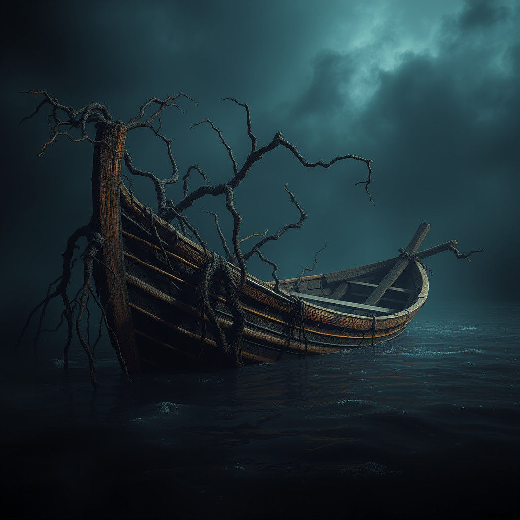 Eerie Abandoned Boat in Murky Water: Matte Painting