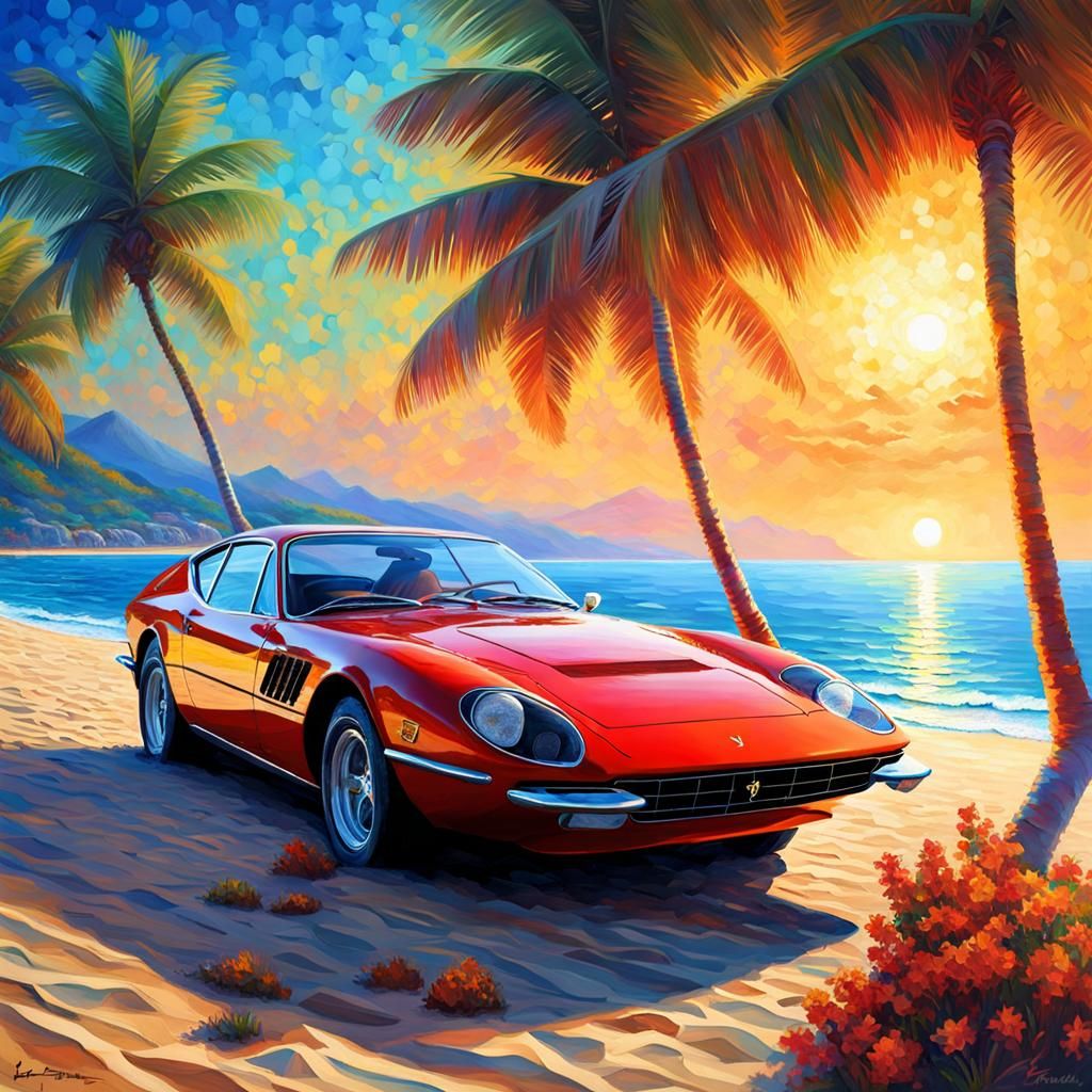 Ferrari Daytona on Sunny Beach: Pointillist Style
