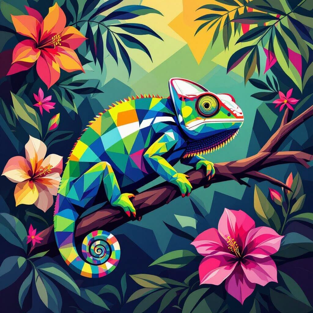 Geometric Chameleon in WPAP Style with Tropical Flowers