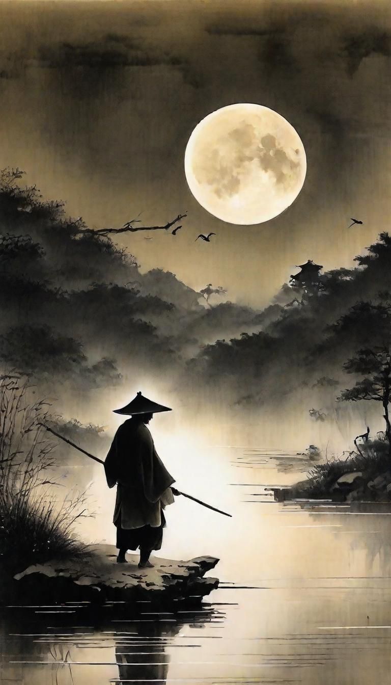 Man Fishing Under Full Moon in Chinese Ink Painting