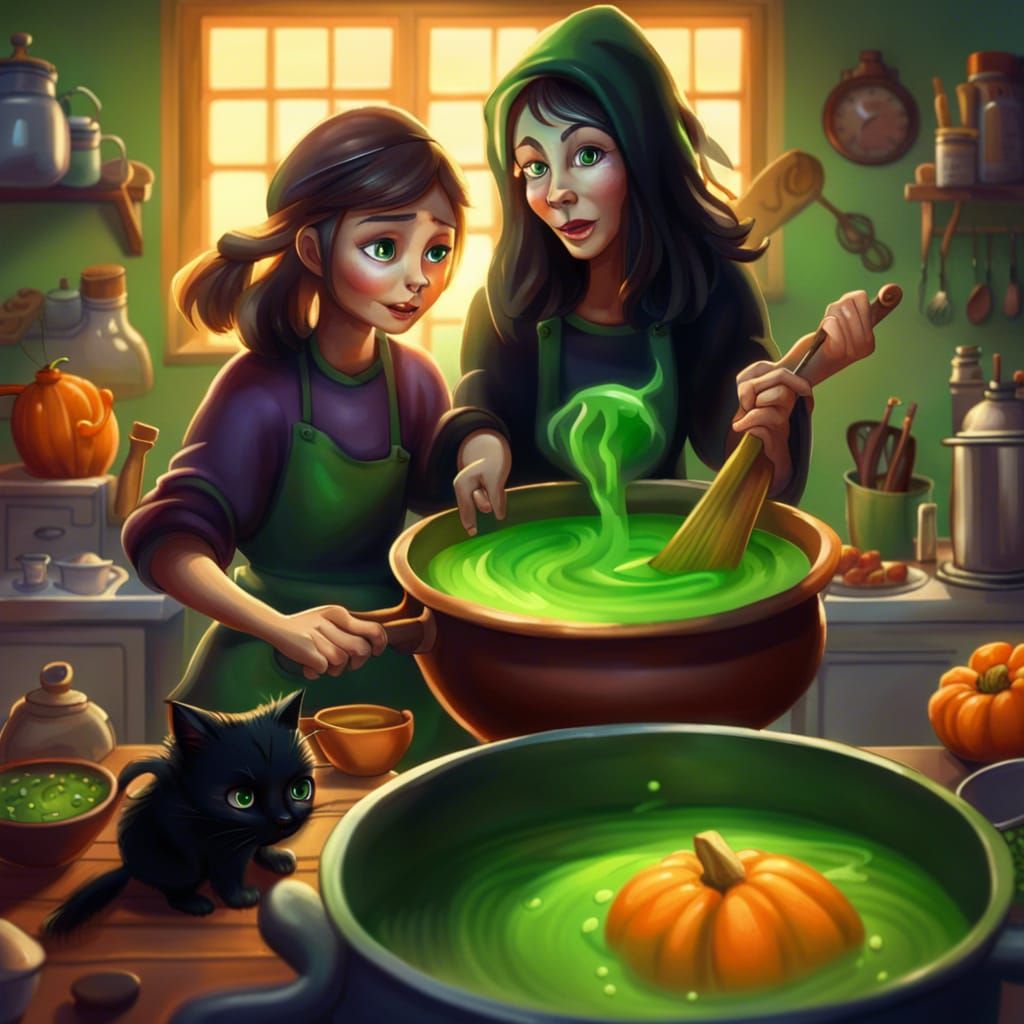 Cute Witch Kitchen with Green Soup Preparation