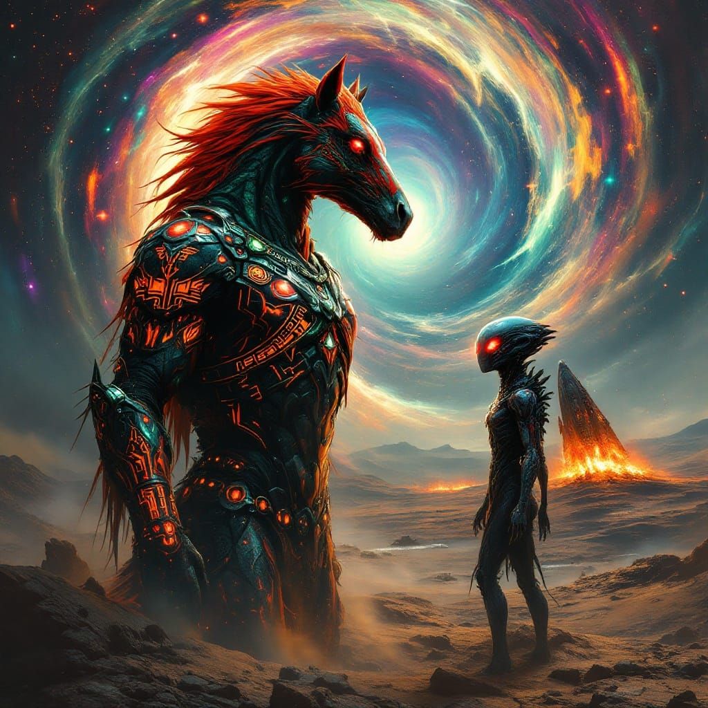 Cyberpunk Hybrid Warrior Stands Amidst Cosmic Vortex