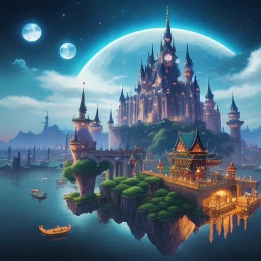 Fantastical City with Floating Castles in Anime Style