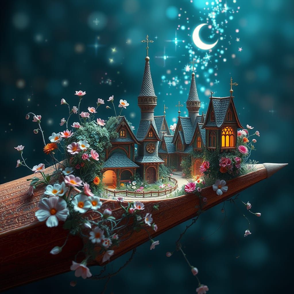 Whimsical Fairy Town Growing From A Floral Pencil