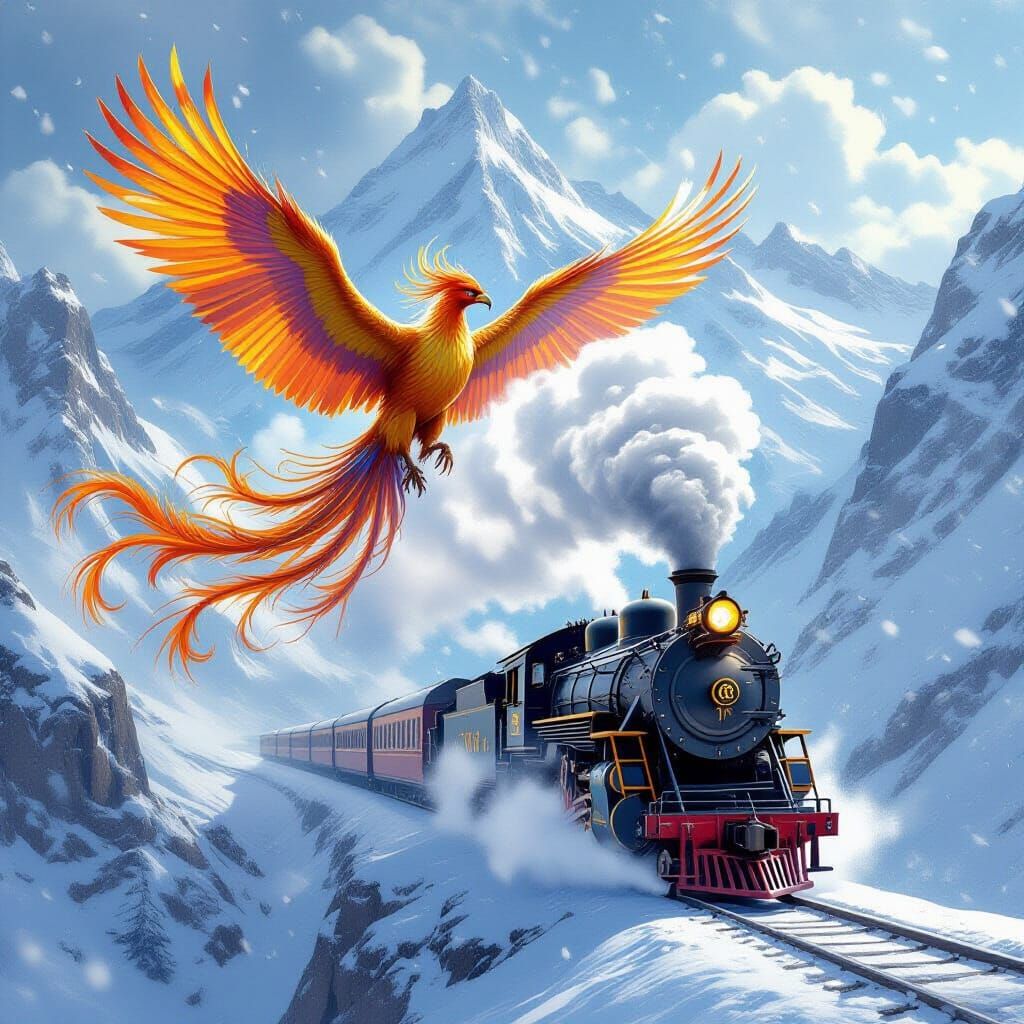 Phoenix Soars Above Steam Train in Snowy Mountain Pass