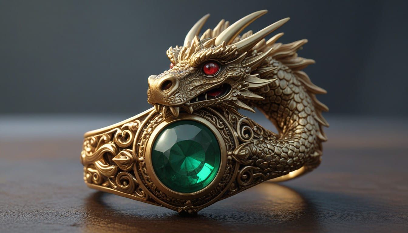 Luxurious Dragon Ring in Golden Jade with Emerald Eye