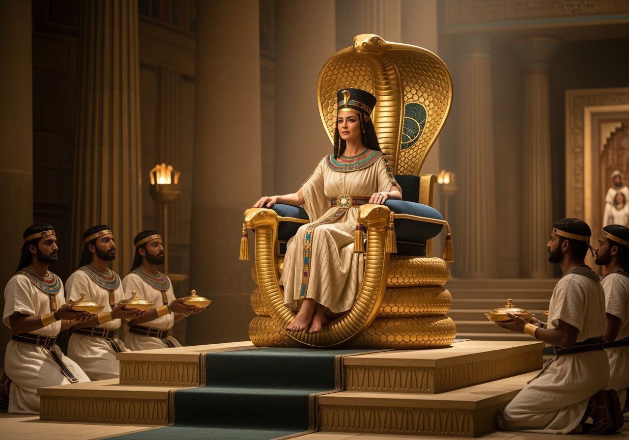 Egyptian Queen on Gold Cobra Throne in Palace