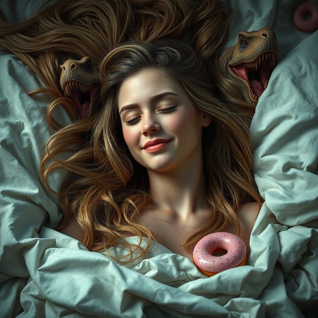 Woman's Dinosaur Donut Dream in Art Nouveau Style