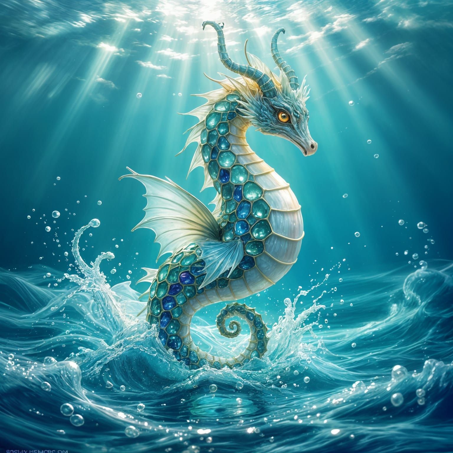 Glass Dragon Seahorse Emerges From Luminous Ocean Waves