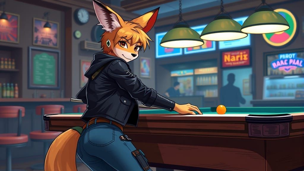 Fox-Human Hybrid Playing Pool in a Bar
