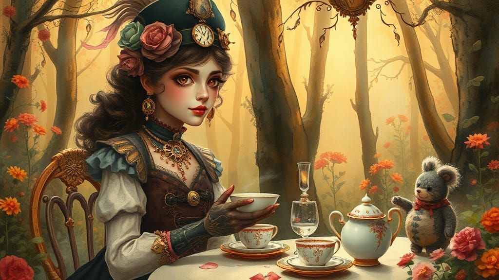 Steampunk Character's Dreamlike Tea Party as Gouache Waterco...