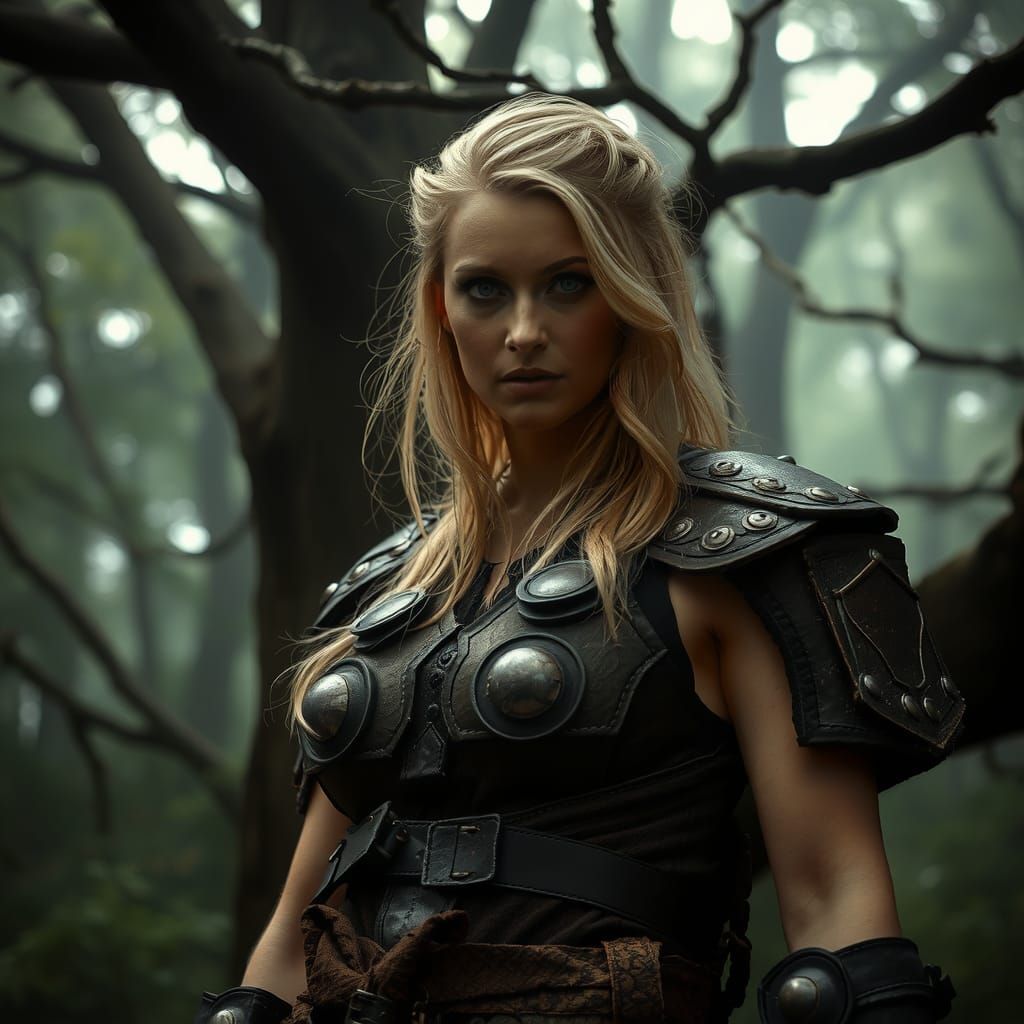 Barbarian Woman in Forest, Film Noir Aesthetic