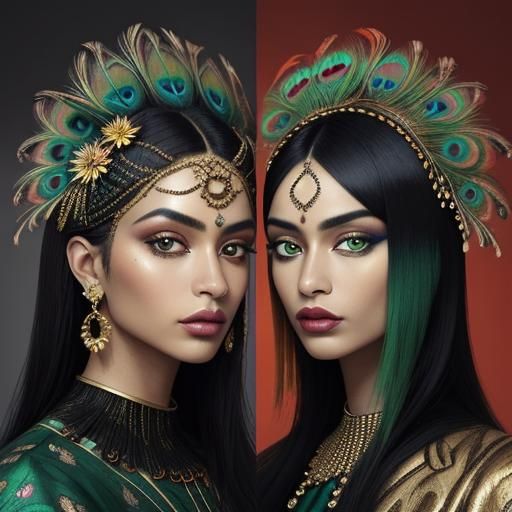 Pop Art Portrait with Peacock Feathers and Gold Skin