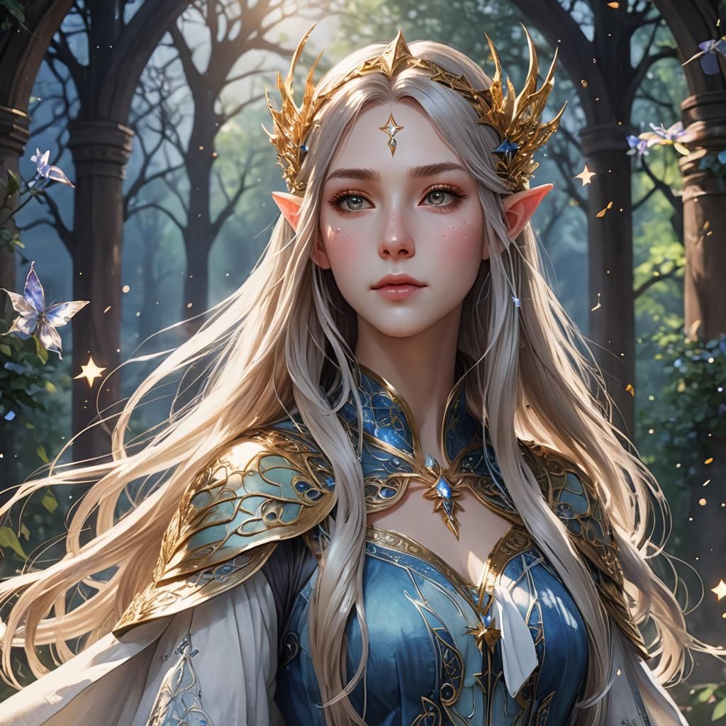 Elven Princess Wielding Star Magic in Watercolor Style