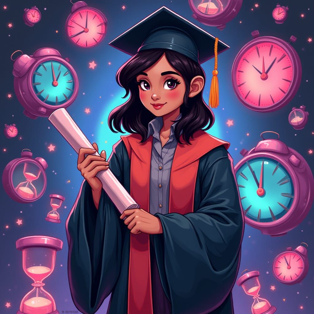 Graduate Surrounded by Time in Futuristic Neon Style