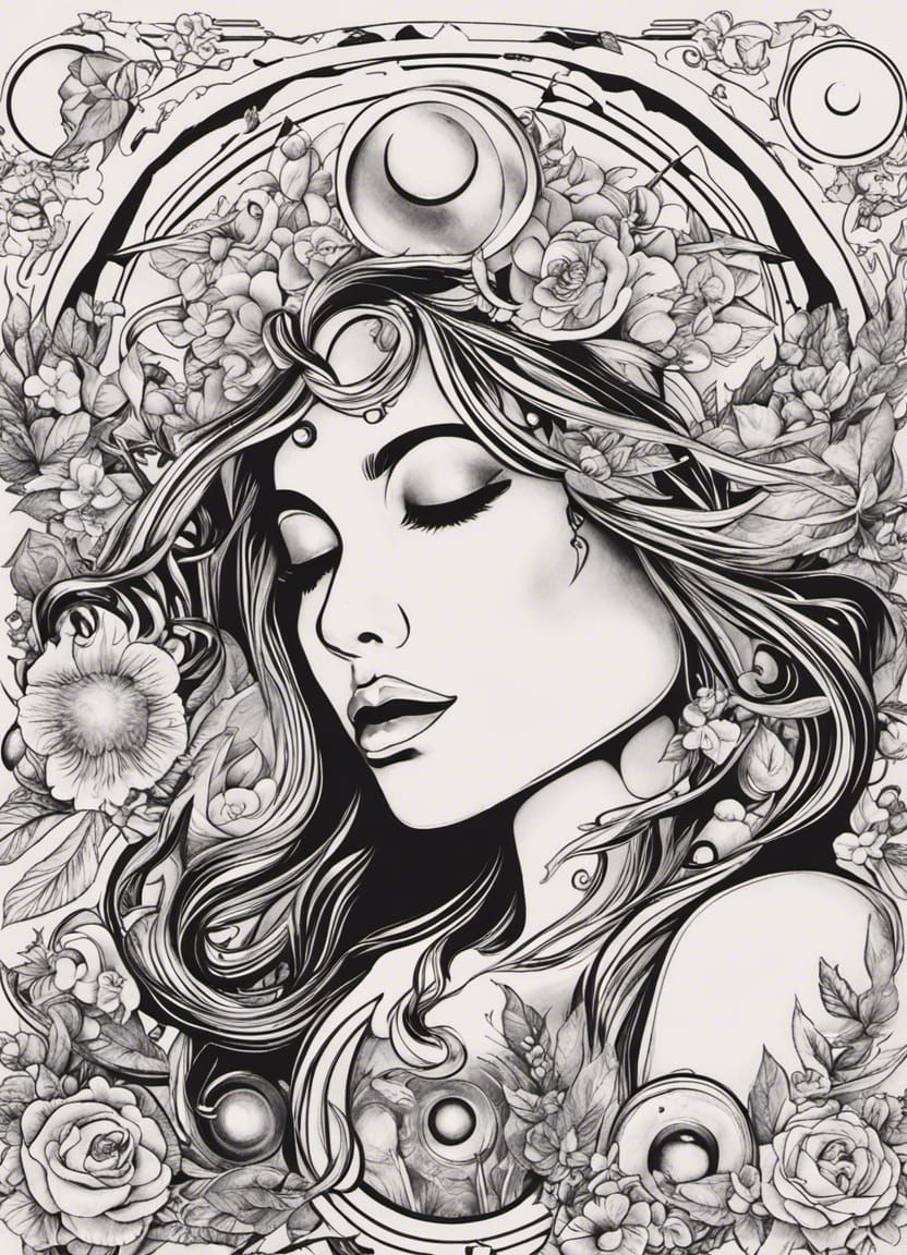 Celestial Stoner Woman Tattoo Flash Sheet in Anime Style