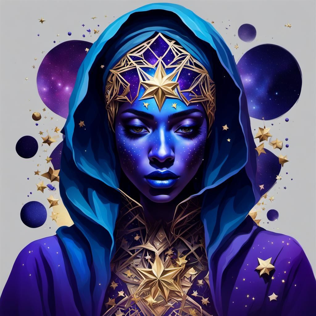 Cosmic Girl with Blue Skin and Purple Hood