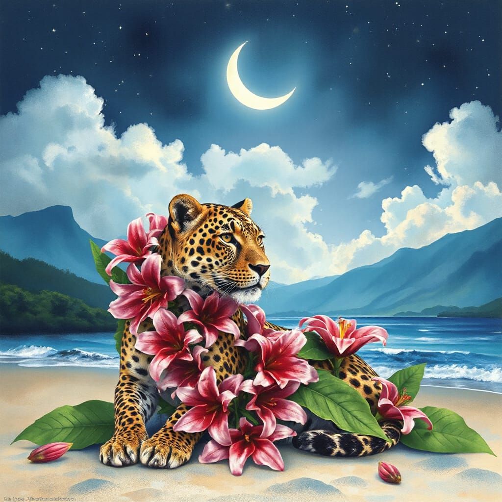Leopard with Lily Garland on Moonlit Beach