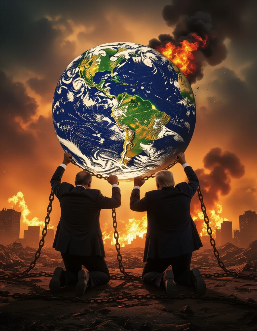Putin and Trump Under Destroyed Earth in Cinematic Scene