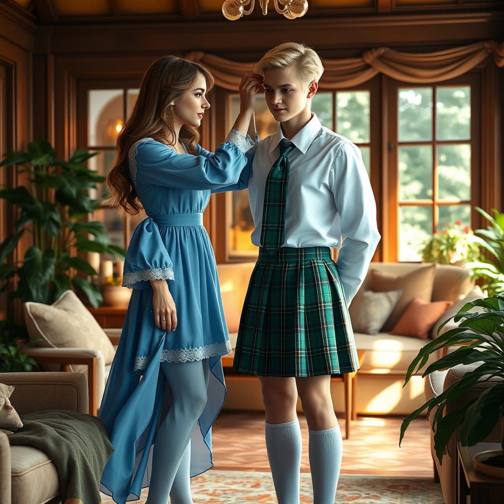 Whimsical Crossdressing Scene in a Cozy Living Room