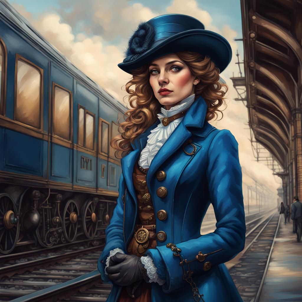 Victorian Lady in Steampunk Style Near Train