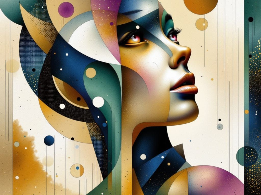 Geometric Portrait of Elegant Woman in Gold and Blue