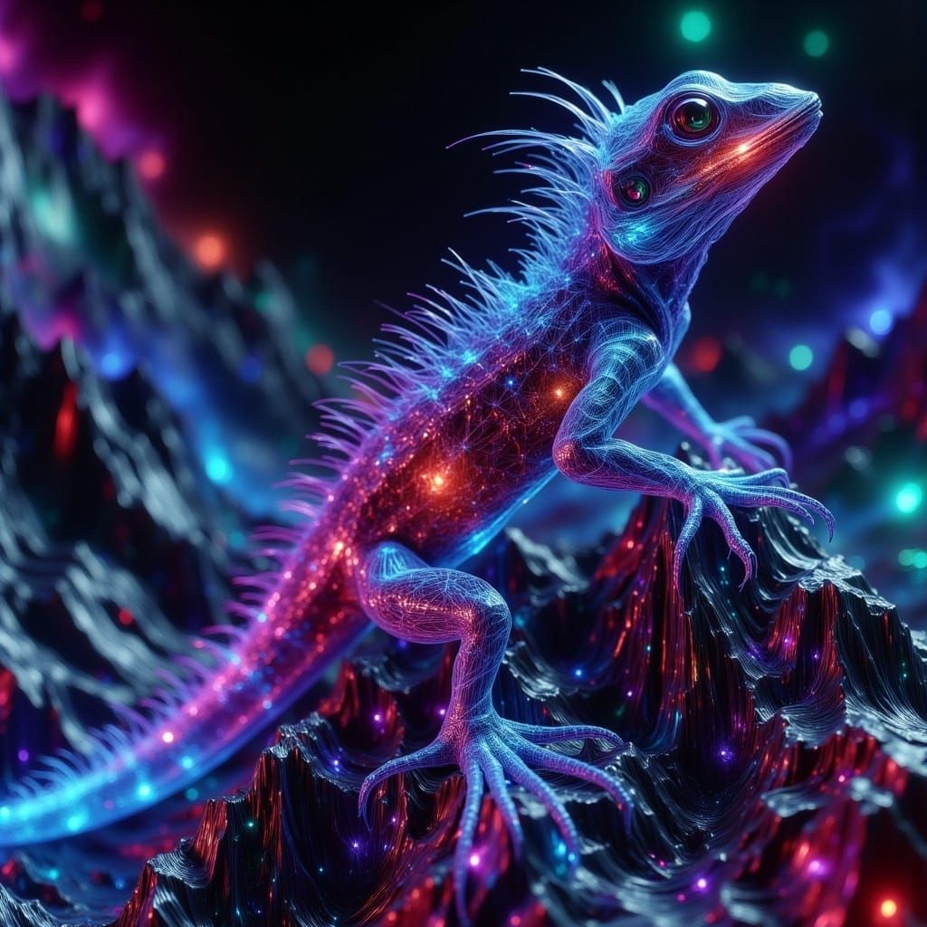 Glowing Lizard in Neon Hues - High-Resolution Hyper-Realisti...