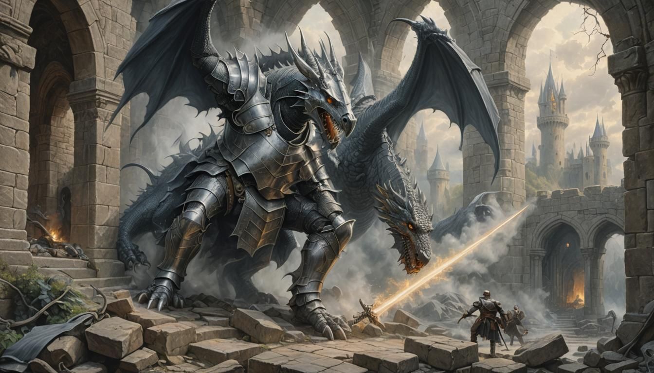 Knight vs. Dragon: Graphite Drawing in Ruined Castle