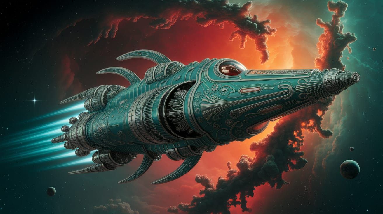 Art Deco Spaceship in Nebula, Retro Science Fiction