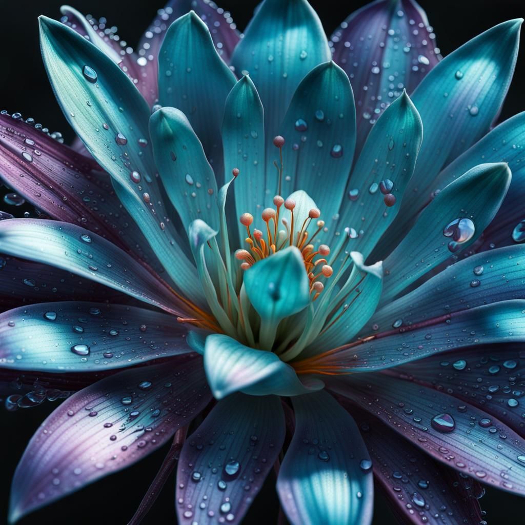 Iridescent Dew Drops on Lily, Art Brut Style