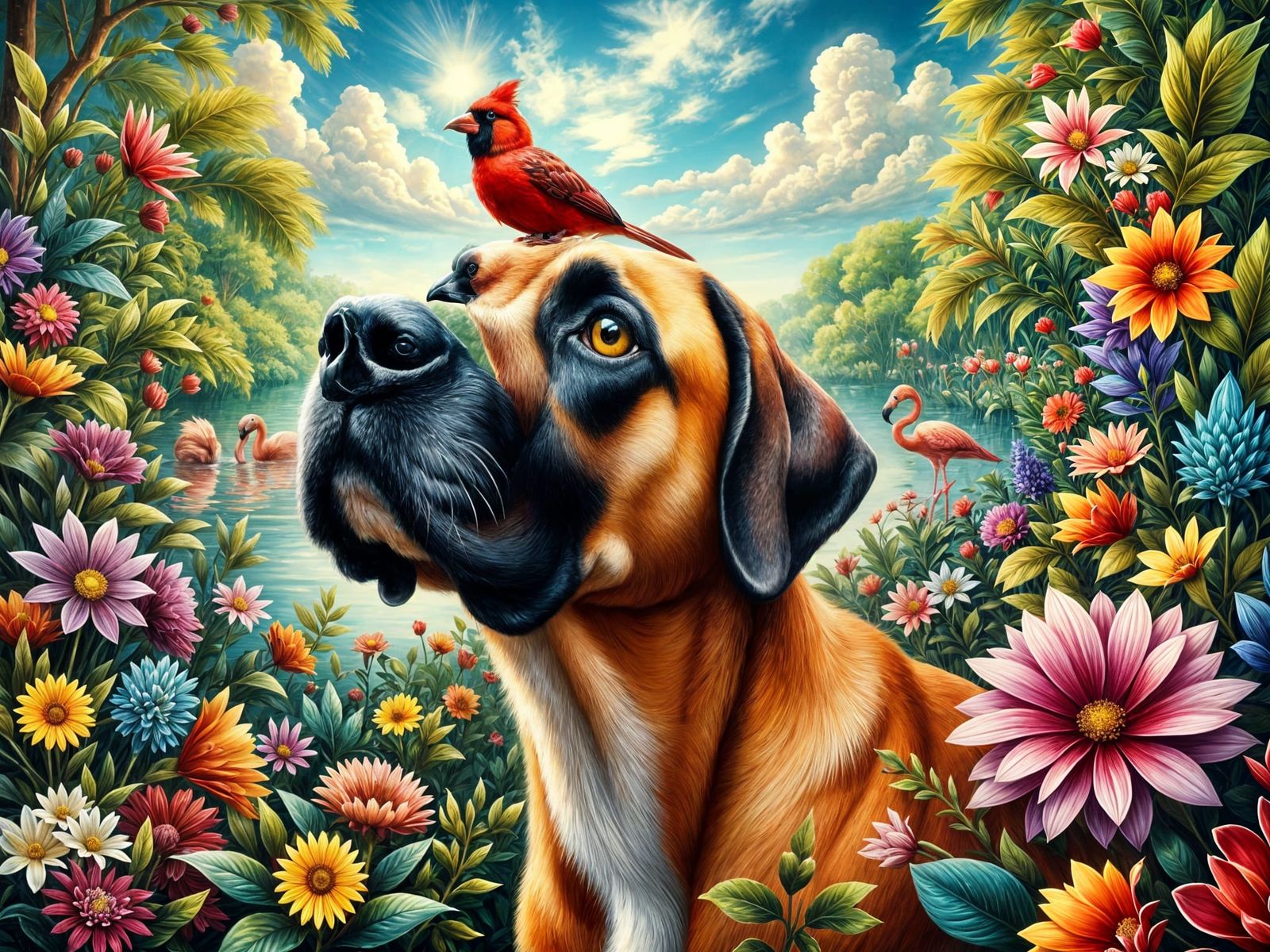 Surreal Great Dane and Cardinal in Vibrant Floral Garden