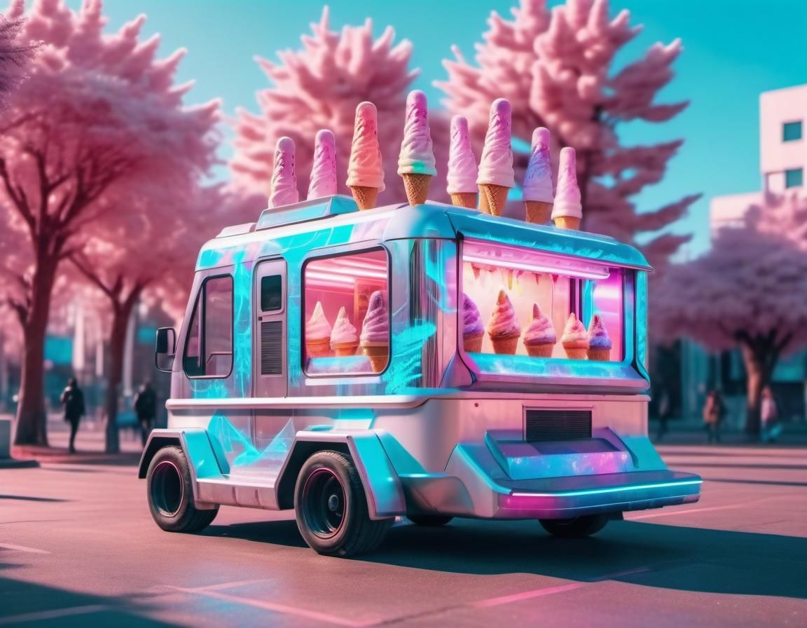 Futuristic Cyberpunk Ice Cream Truck in City Square