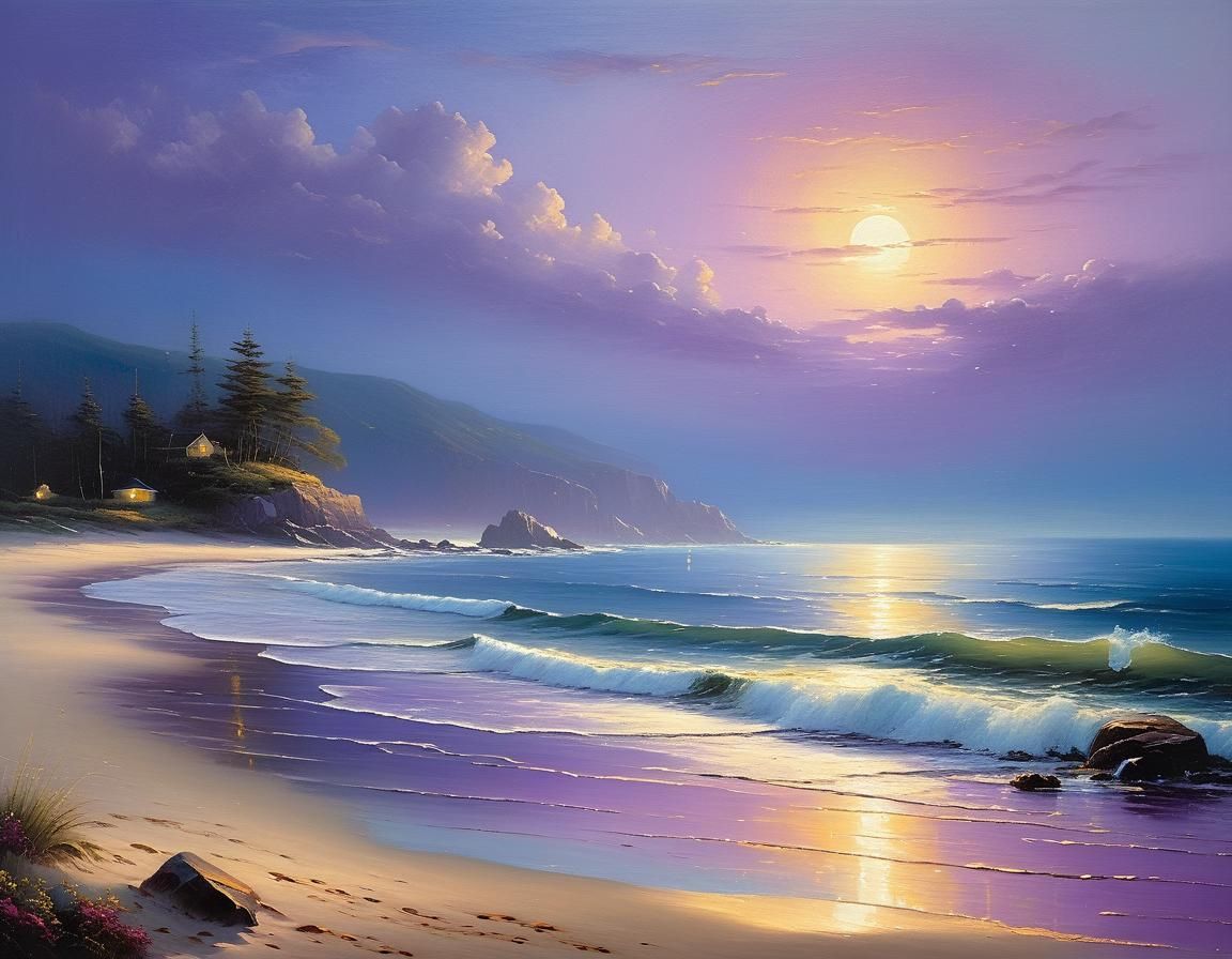 Seascape Oil Painting at Blue Hour in Impressionist Style