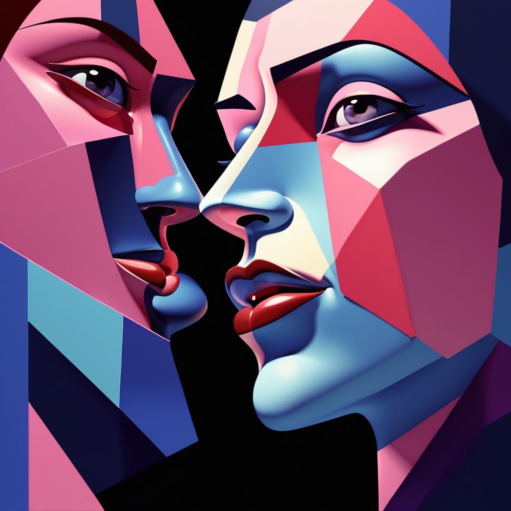 Geometric Kiss in Neo-Cubist Art Deco Style