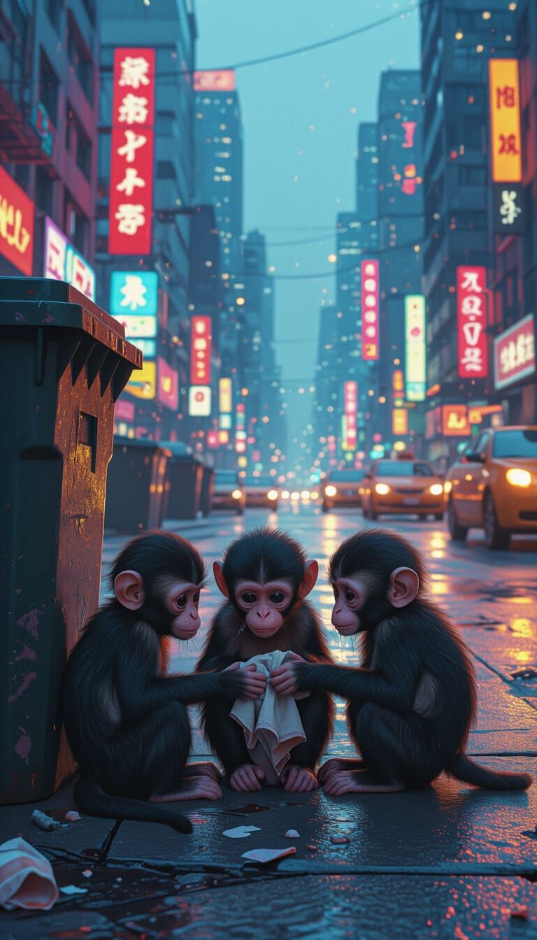 Distressed Baby Monkeys in Urban Setting: Matte Painting