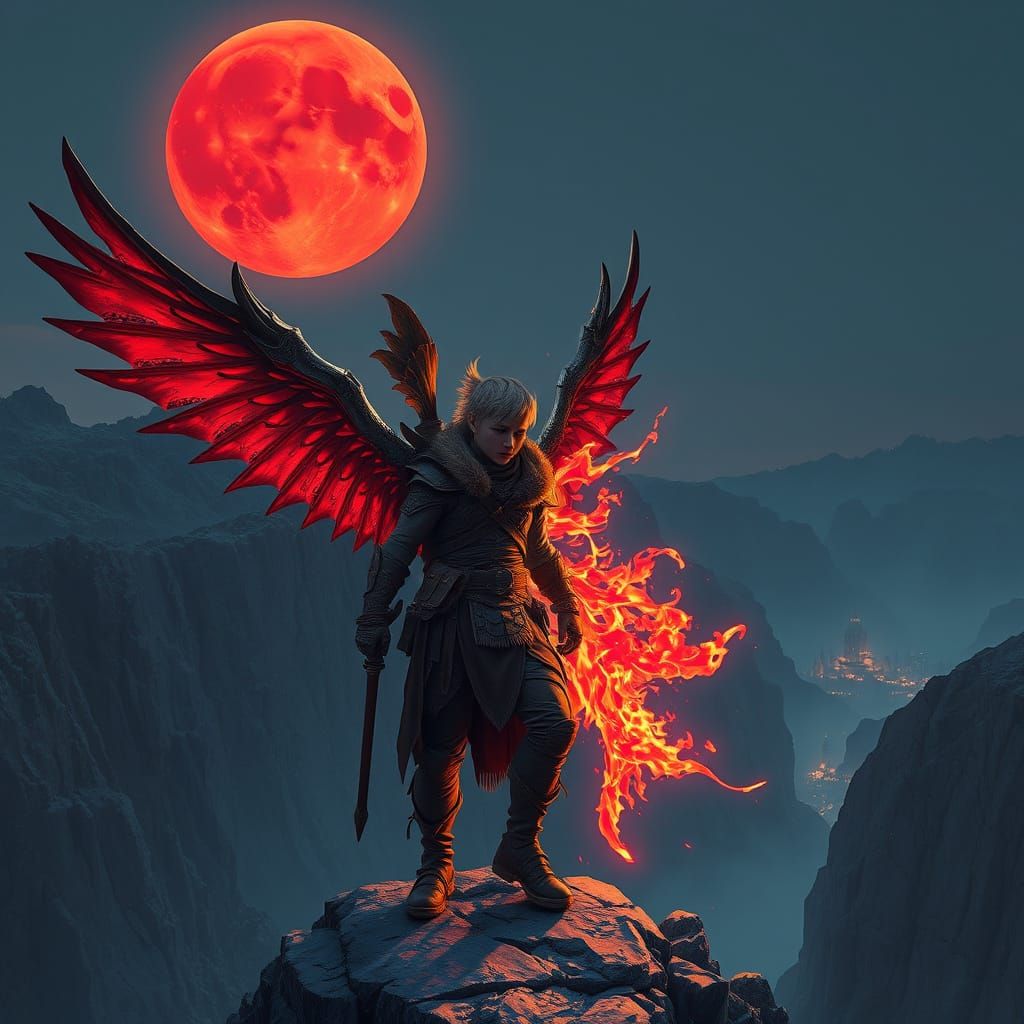 Winged Warrior Under Red Moon: Dystopian Cyberpunk Art