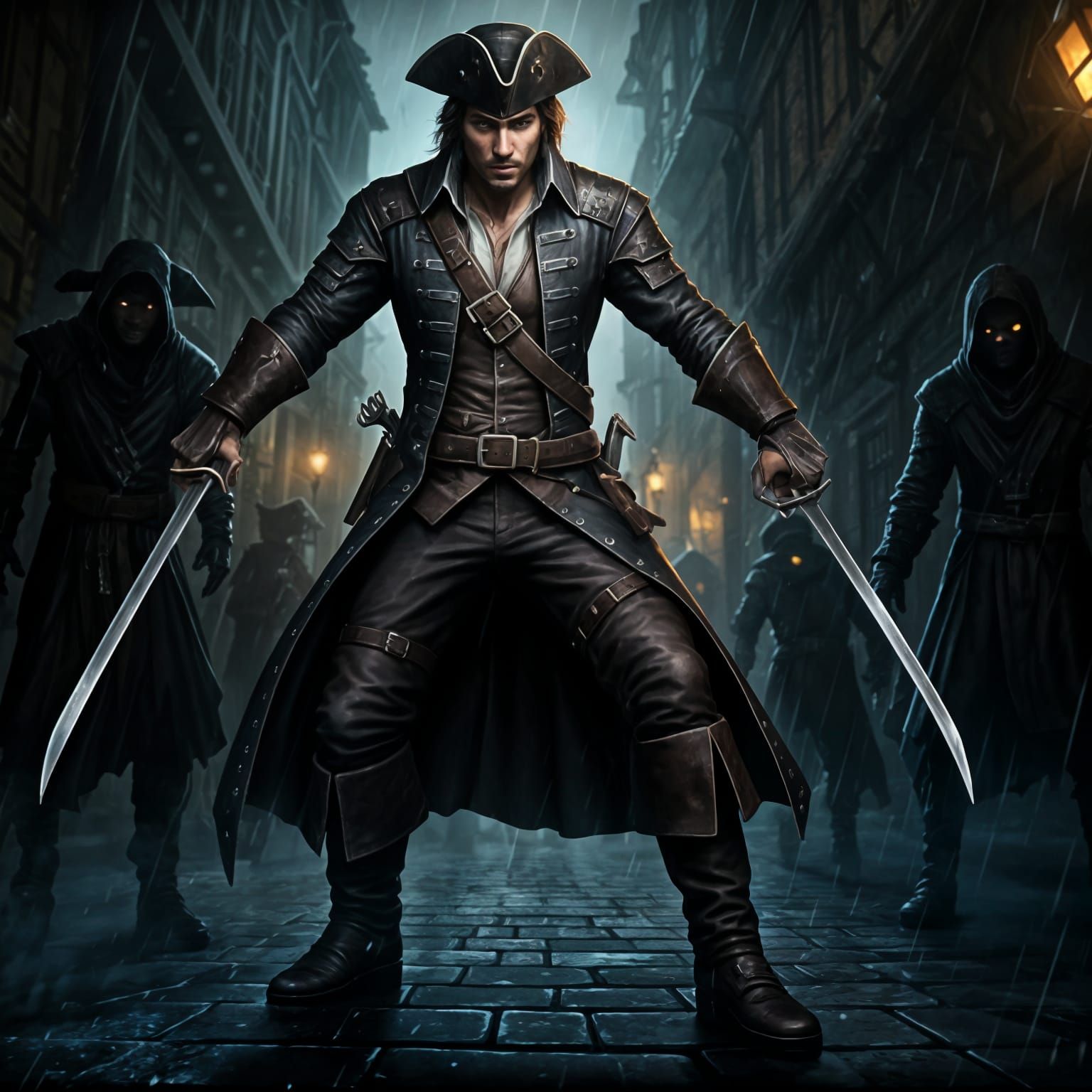 Heroic Duellist in Dimly Lit Alleyway