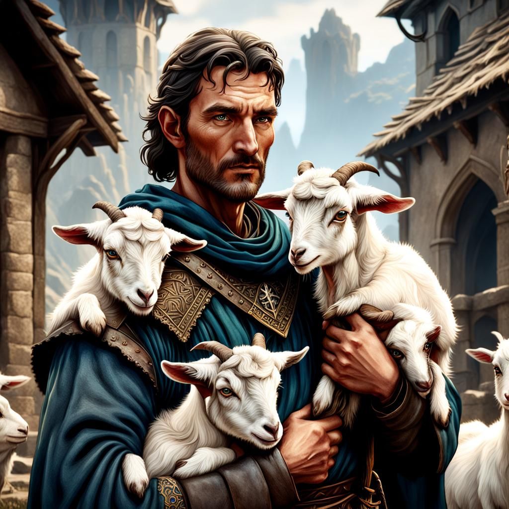 Medieval Herder with Baby Goats: Detailed Matte Painting