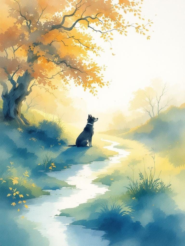 Atmospheric Watercolor of Dog by Stream