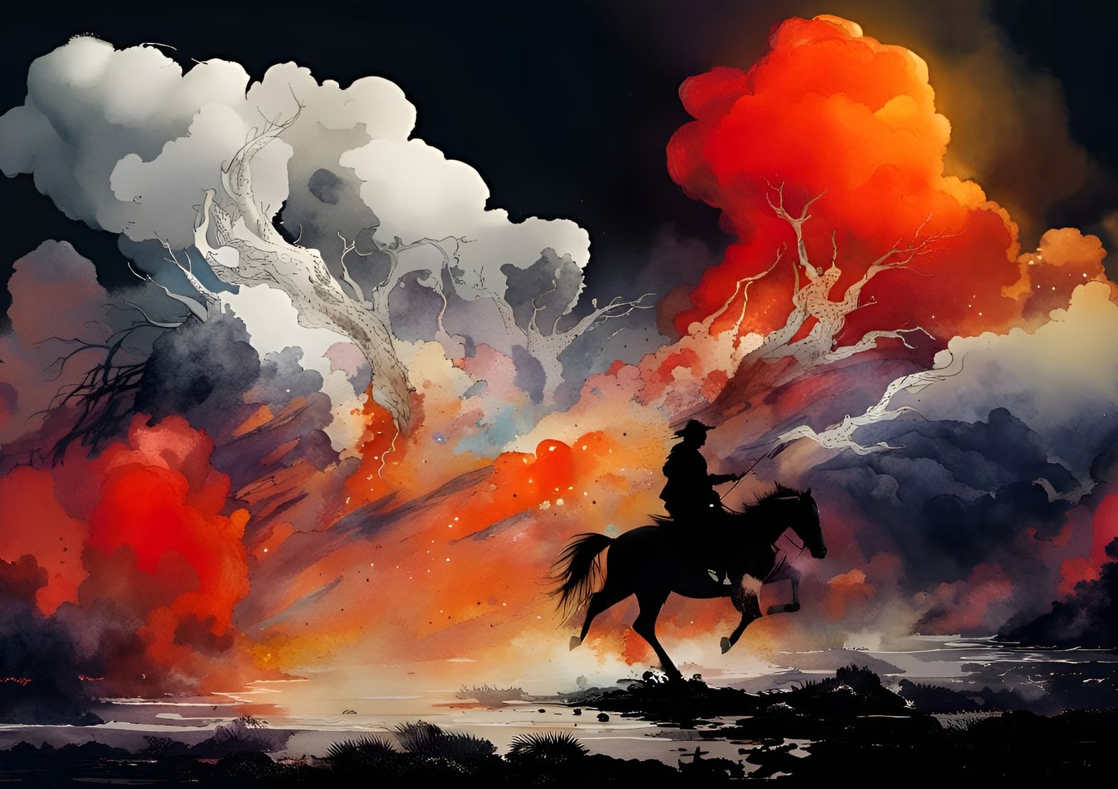 Horse Running Through Dreamscape in Watercolor Style