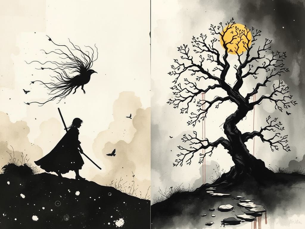 Lost Wanderer and Tree of Knowledge in Ink Wash Style