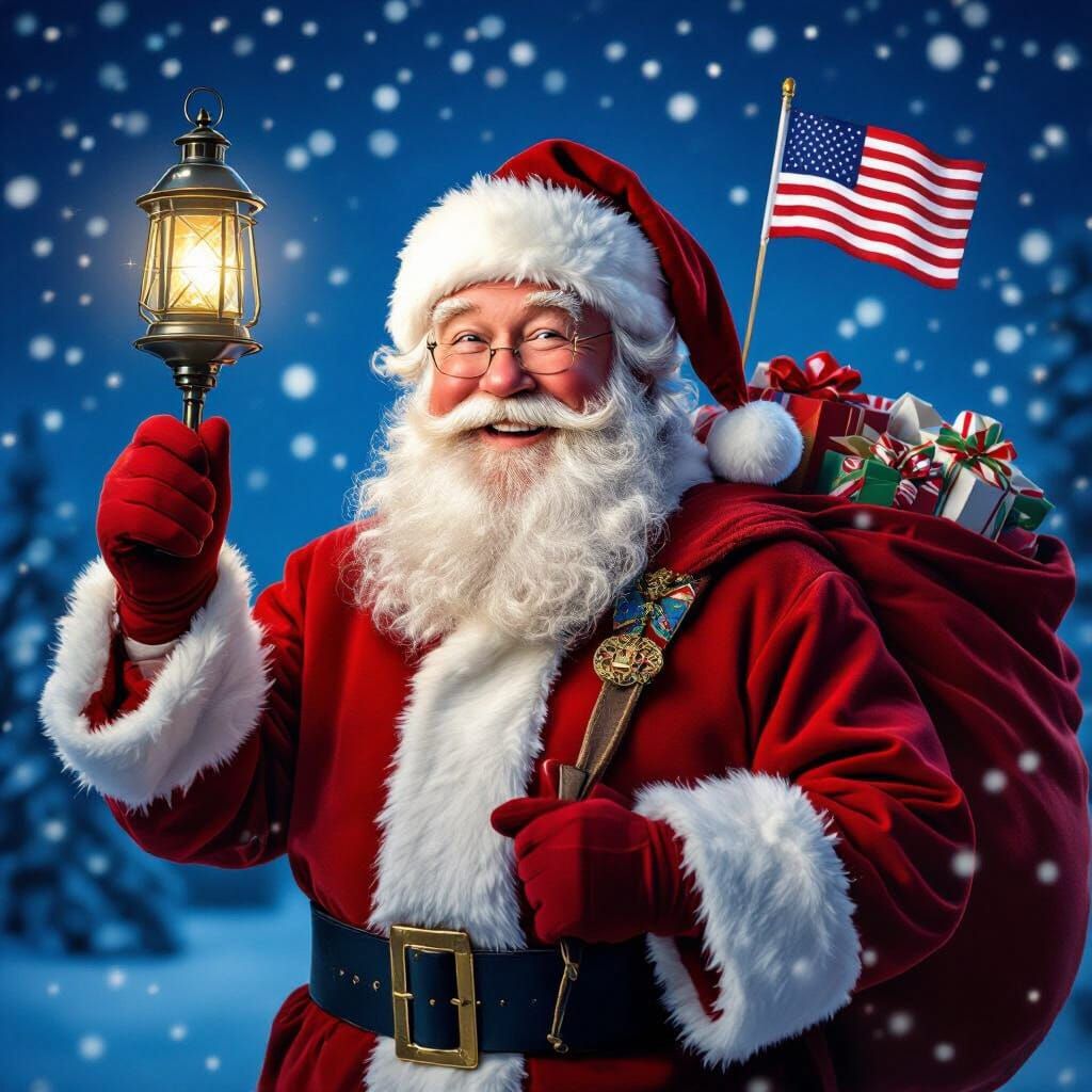 Santa Claus with American Flag on Snowy Night