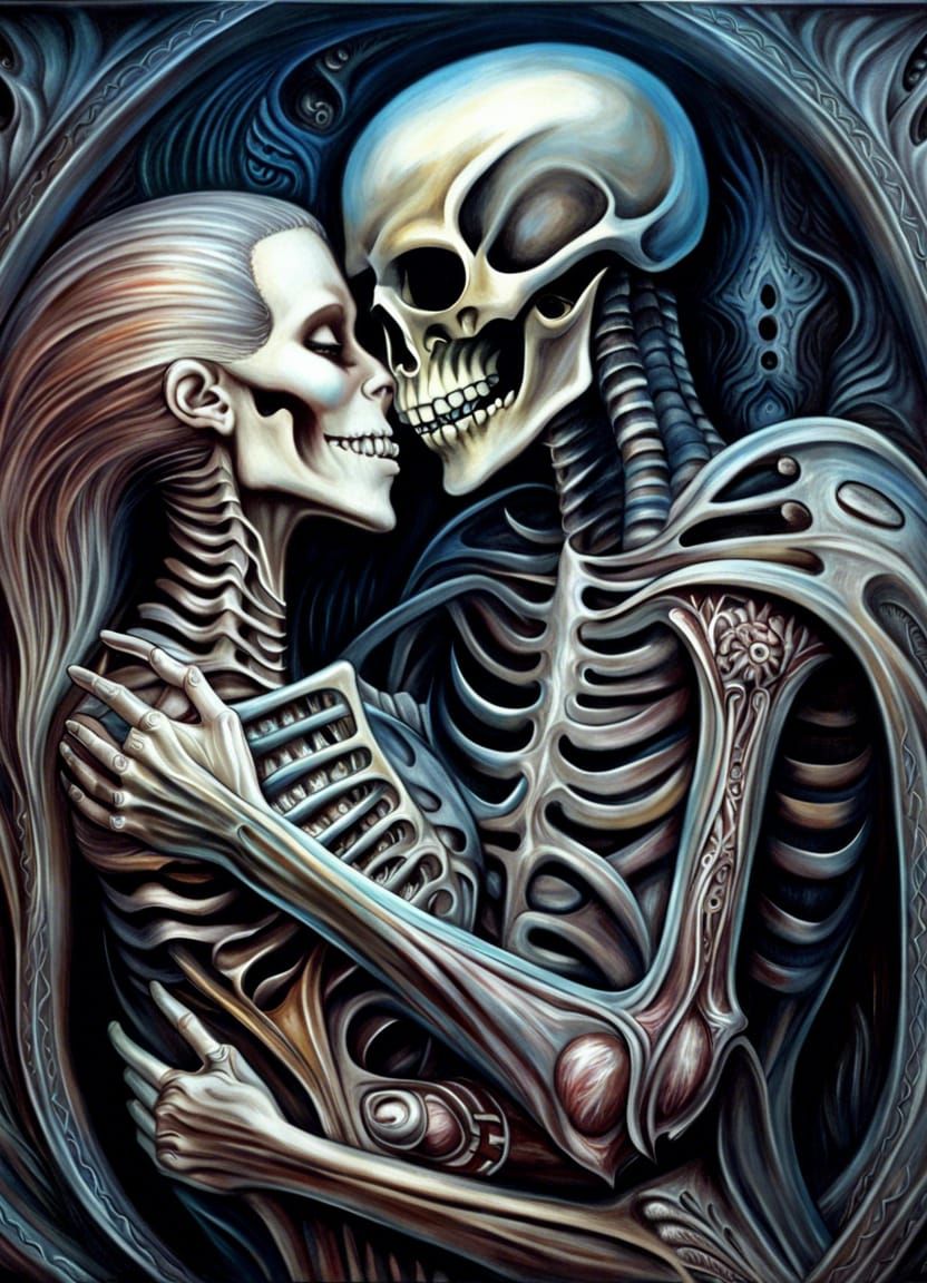 Passionate Embrace: Woman and Skeleton Demon in Oil Painting