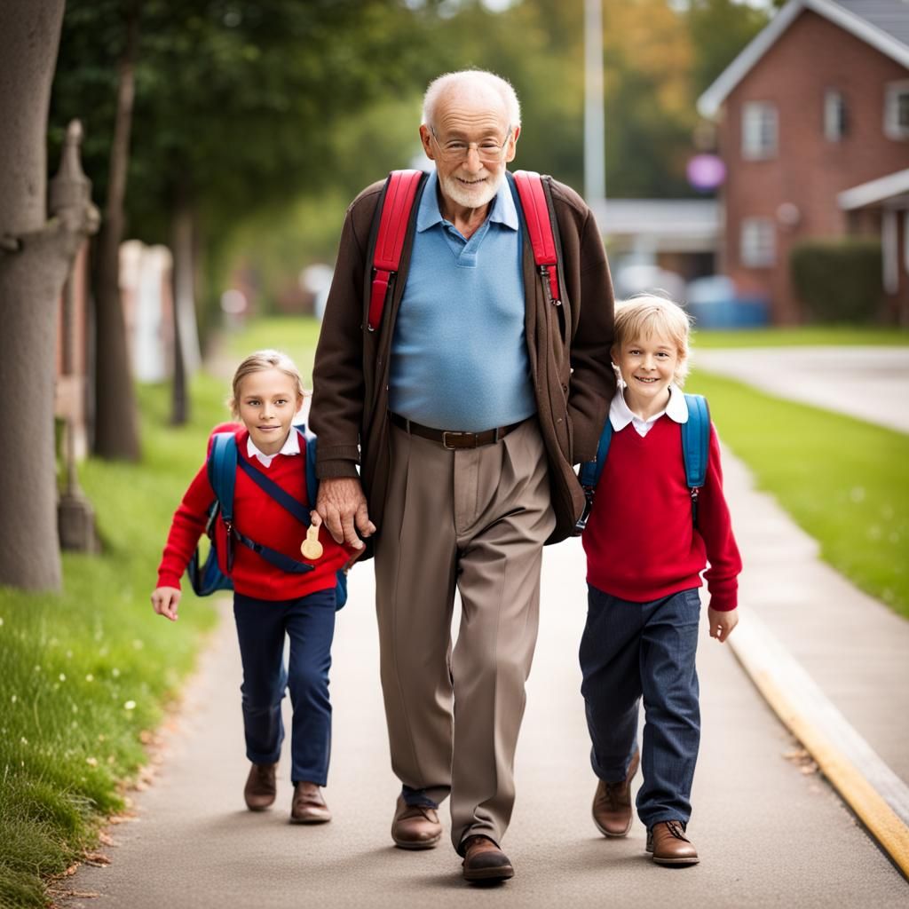 Grandfather Escorting Grandchildren to School