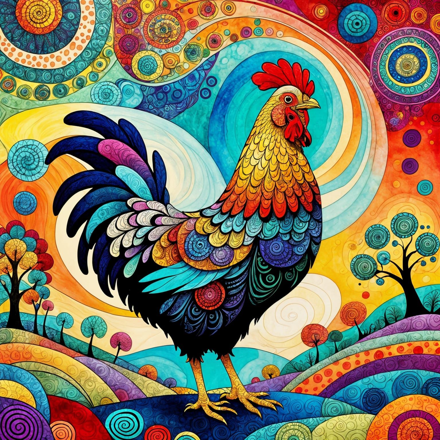 Whimsical Folk Art Chicken in Vivid Colors
