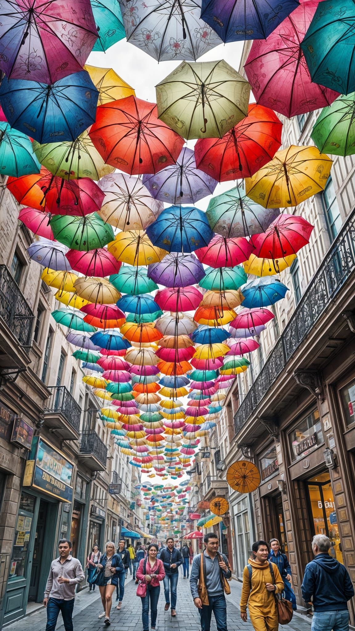 Vibrant City Street Celebrates Diversity with Colorful Umbre...