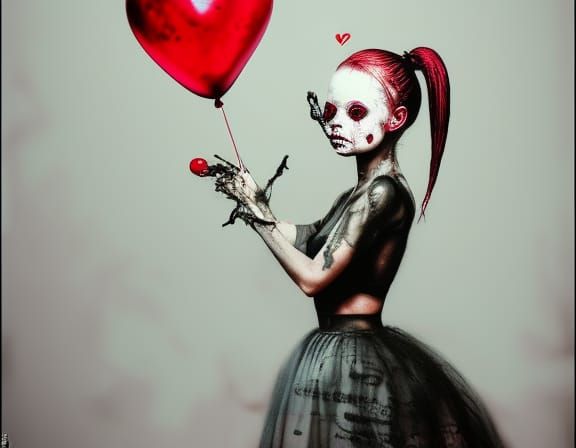 Girl with Bleeding Heart Balloon in Hyperrealistic Style