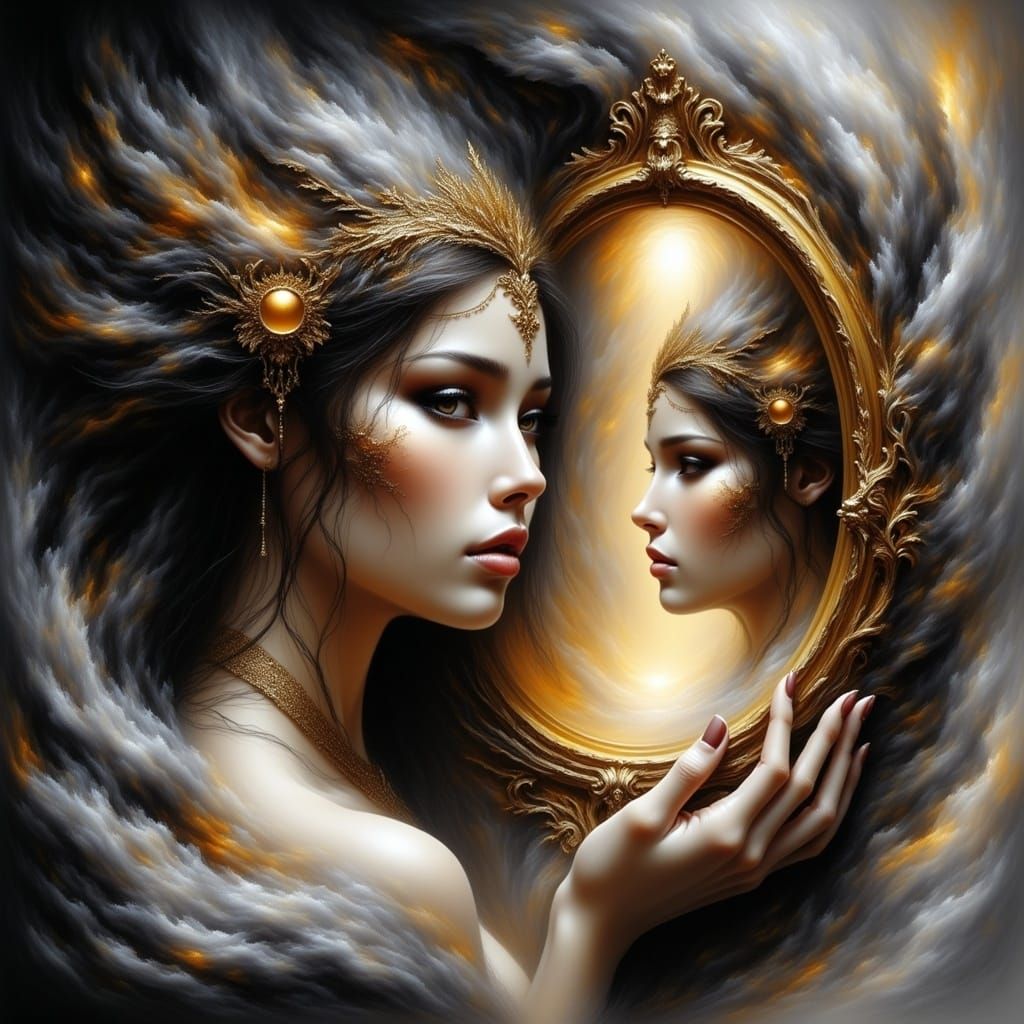 Figure with Golden Mirror Reflecting Future Self