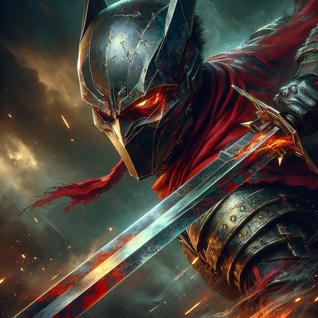 Batman with Sword in Hypermaximalist Matte Painting